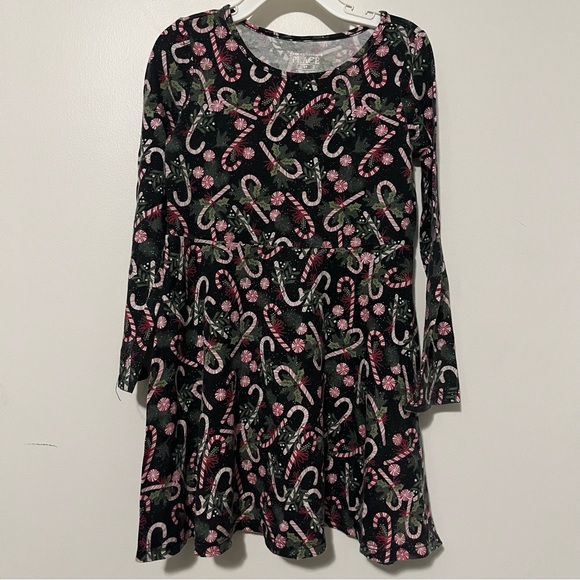 The Children’s Place Size 5T Black Holiday Christmas Candy Cane Holly Dress - Picture 2 of 4